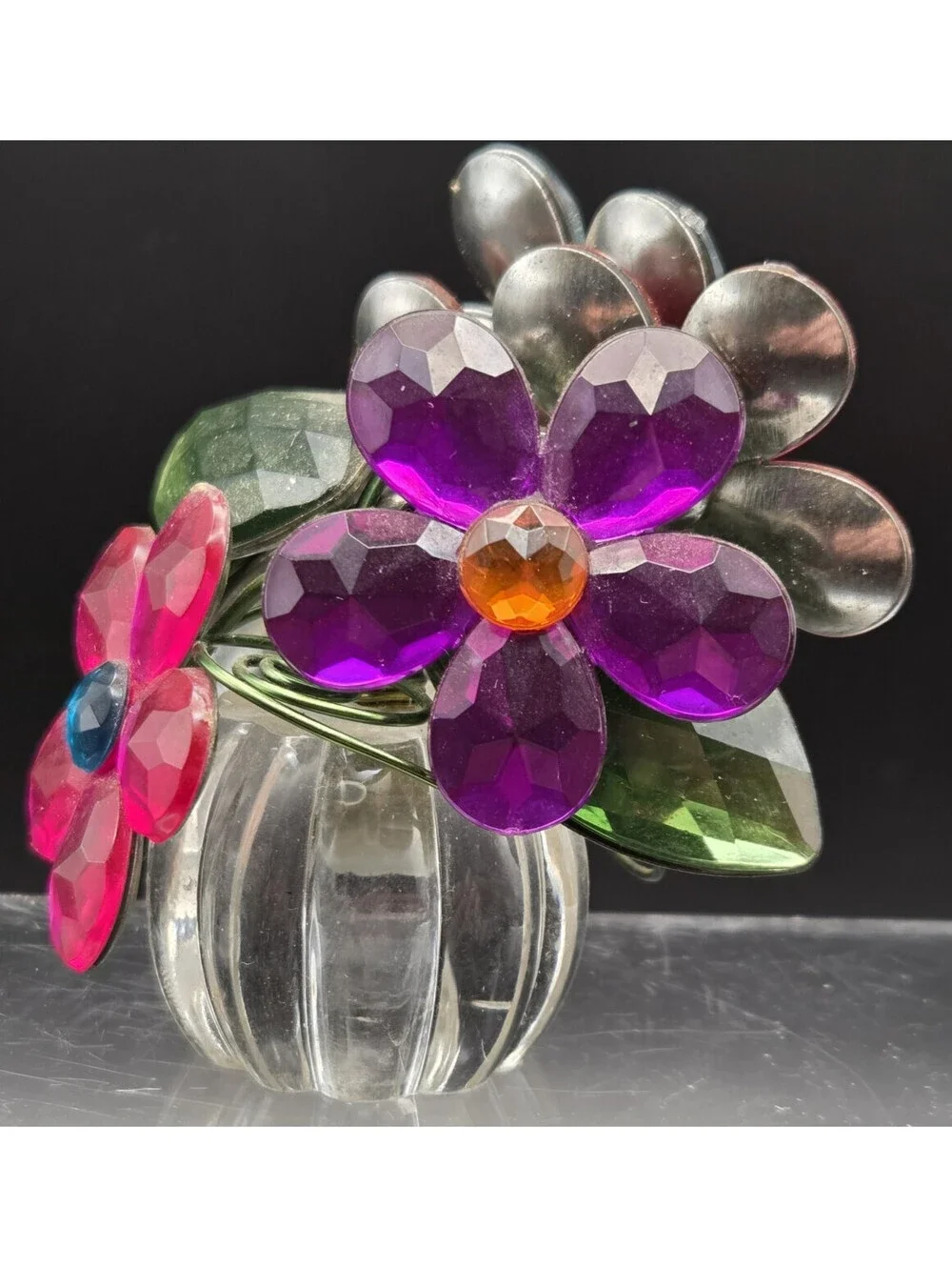 Crystal Expression Ganz 5 Flower Posy Pot Pinks Clear Green Blue Appx 3” Tall